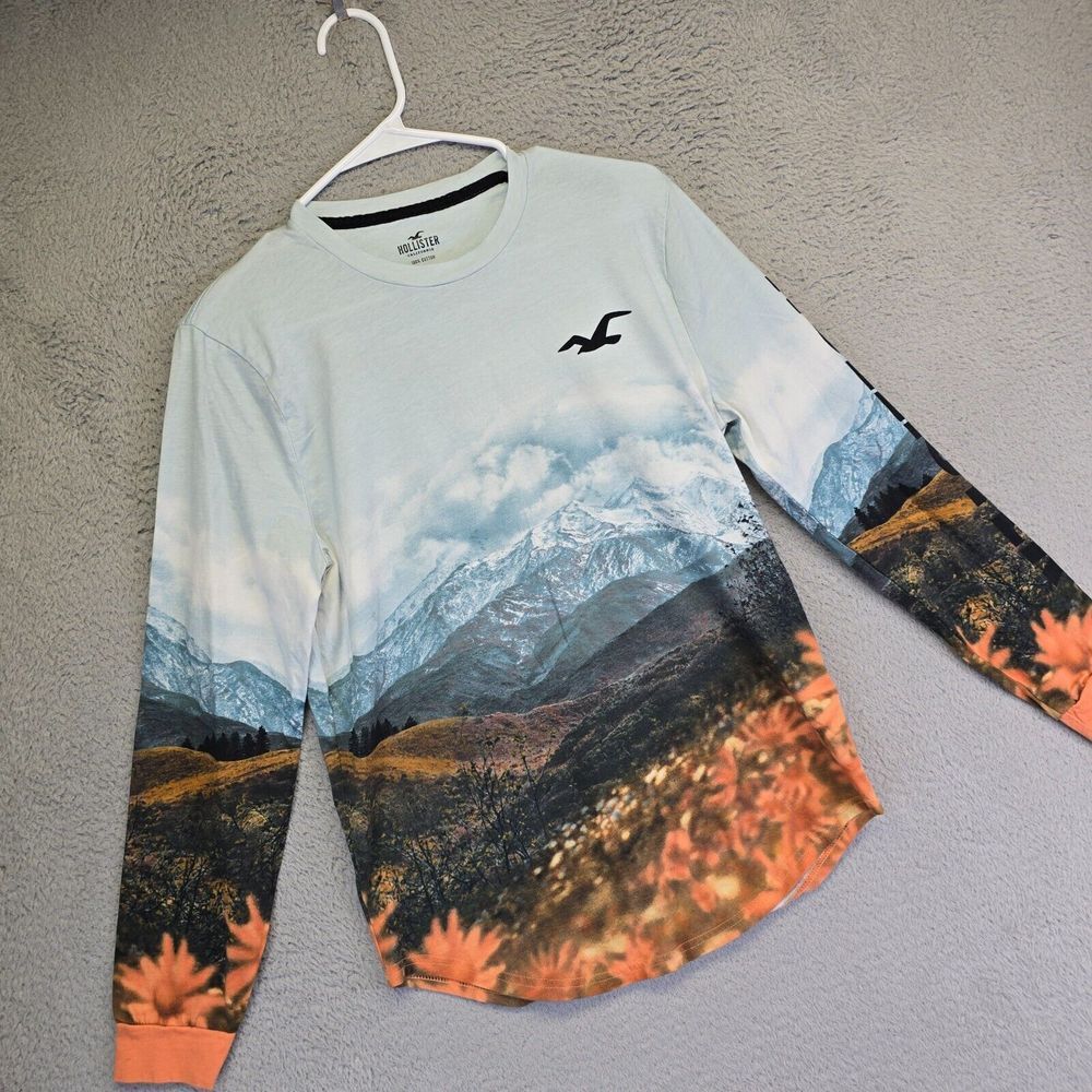 Hollister Shirt Men S Blue Orange Floral Valley Hills Mountains Outdoor Scenic